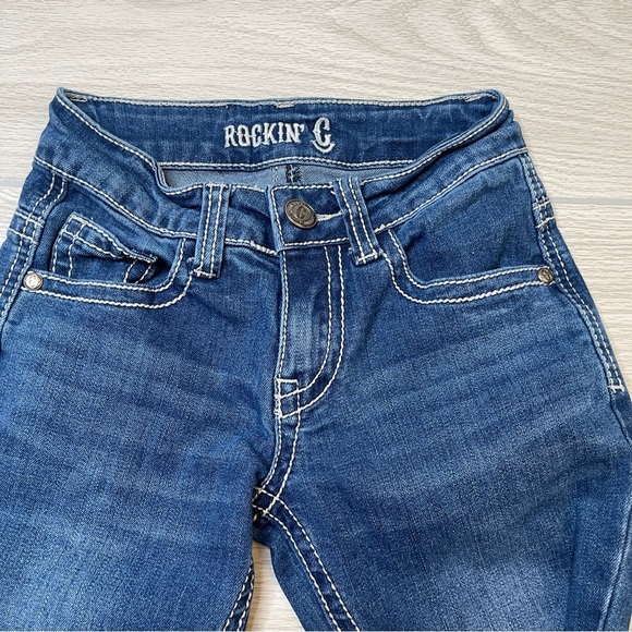 Rockin C Pink Cross Embroidered Pocket Western Bootcut Blue Jeans Girl’s Size 8 - Picture 4 of 13